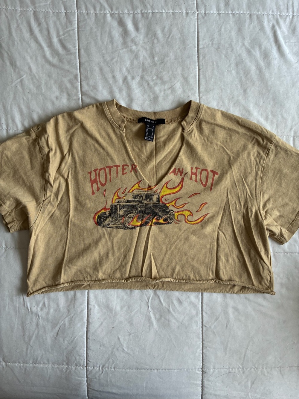 Forever 21 Tan Cropped Graphic Tee with Flaming Car Design